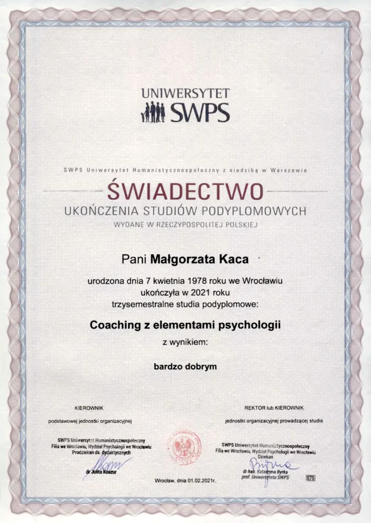 Dyplom Uniwersytetu SWPS Małgorzata Kaca