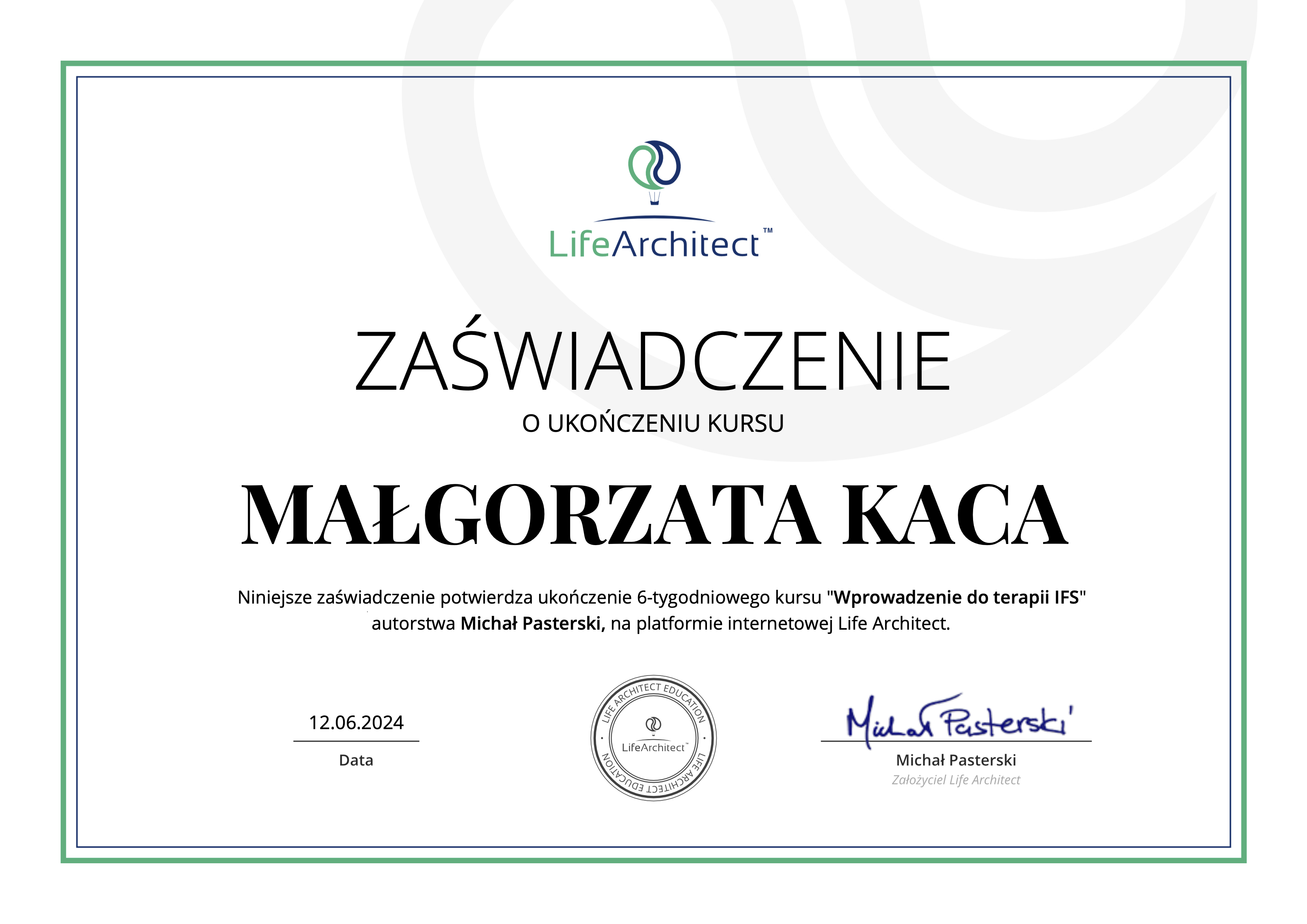 Zaświadczenie Wprowadzenie do IFS Małgorzata Kaca
